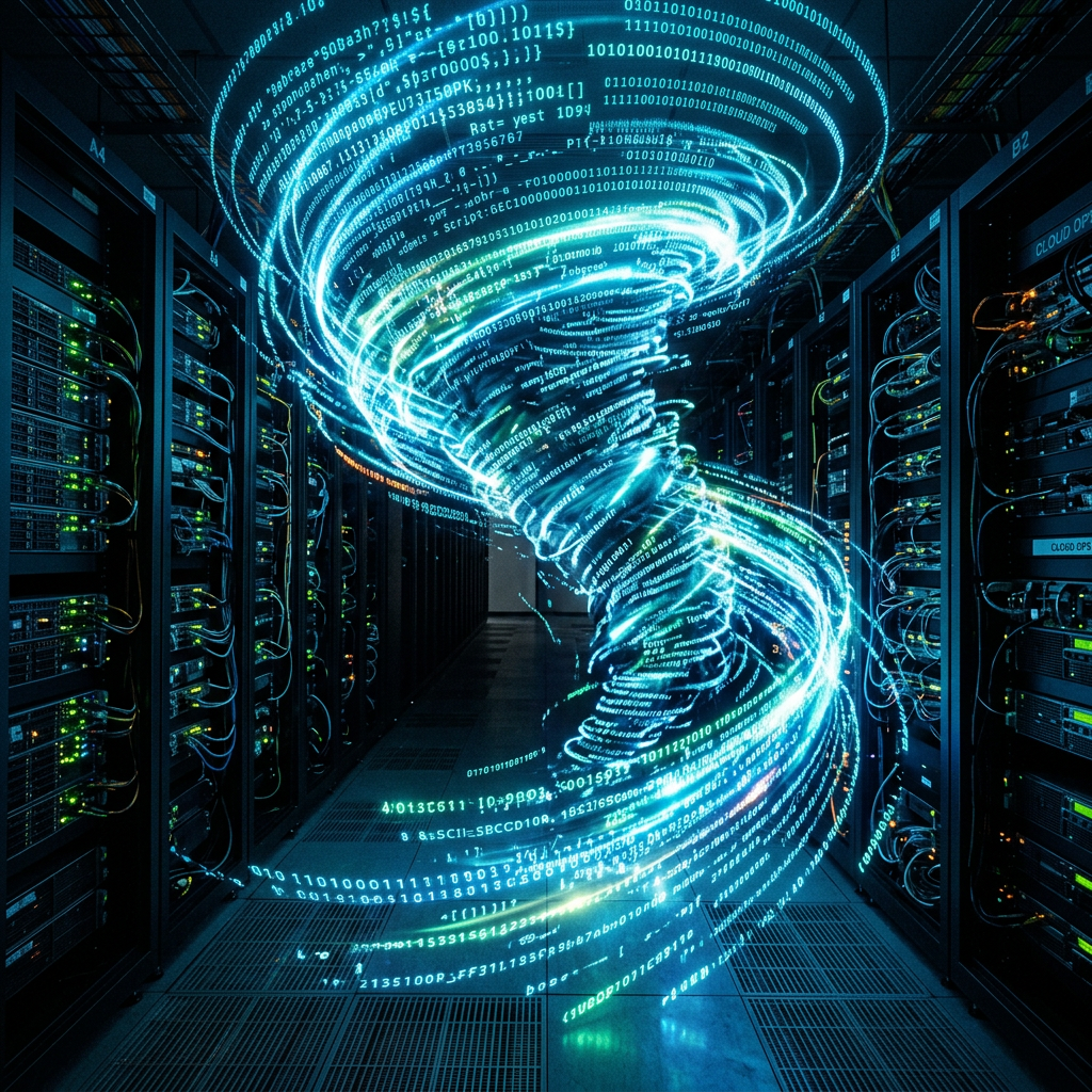 Spiral of glowing digital data within a server room with server racks